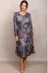 Rochie Andrada din jerse gri cu flori roz, maneca lunga si catarama in talie